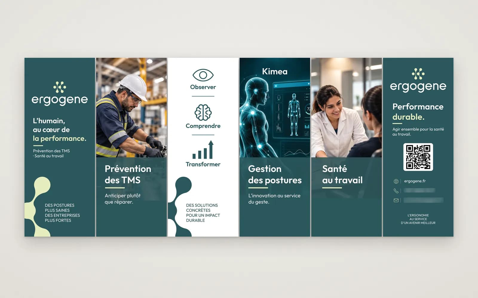 Les six cloisons du stand Ergogène côte à côte : la promesse de la marque, la prévention des TMS, la méthode en trois étapes, la gestion des postures avec Kimea, la santé au travail, le contact