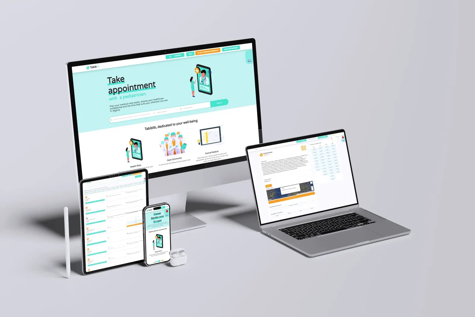 Page « Prendre rendez-vous » de Tabiblib sur un écran de bureau, un ordinateur portable, une tablette et des téléphones